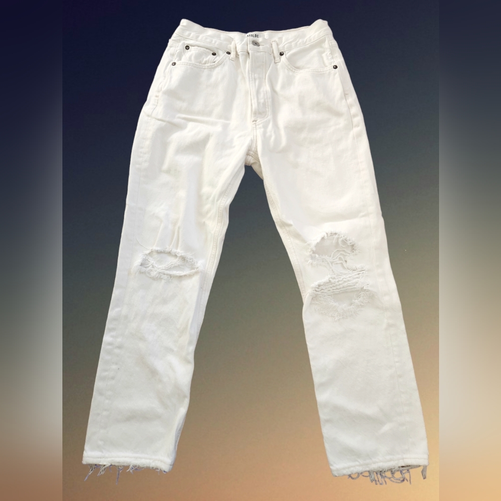 Agolde Jeans Size 29 "Riley" High Rise Straight Crop White Distressed Ripped - Picture 3 of 13